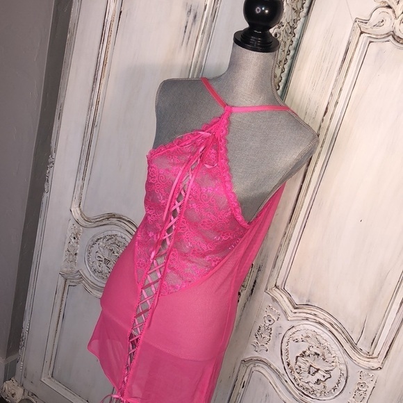 Seven Til Midnight Hot Pink Net Corset Style Nighty Size Queen - Picture 4 of 9